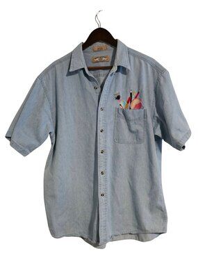 Most Wanted Denim Shirt Light Wash Short Sleeve Embroidered 100% Cotton